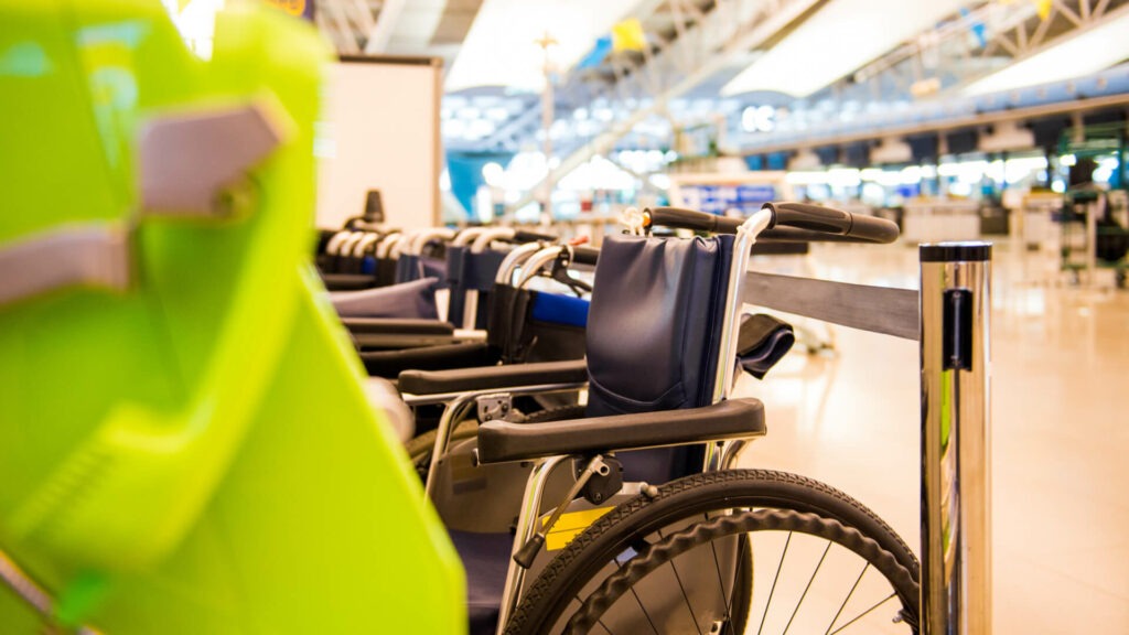 wheelchairs lined up in airport